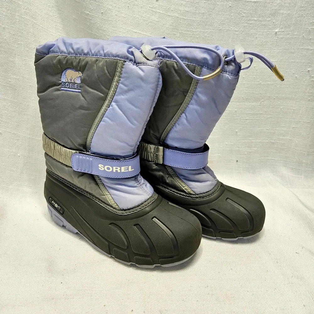 Sorel Flurry Snow Boots‎ Youth 1 Gray Purple Waterproof Insulated Winter Kids